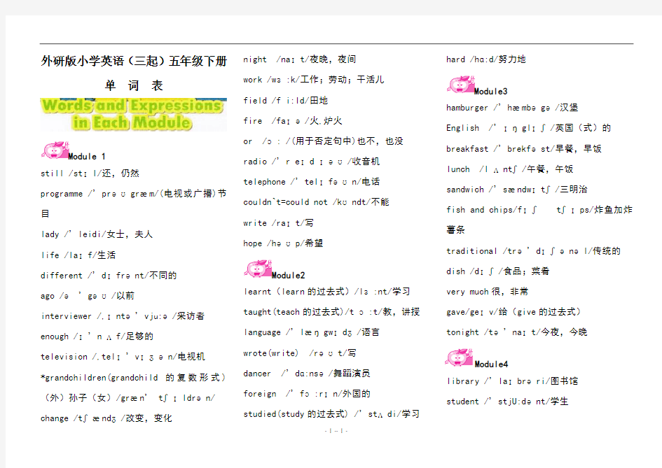 外研版小学英语(三起)五年级下册单词表(含音标)