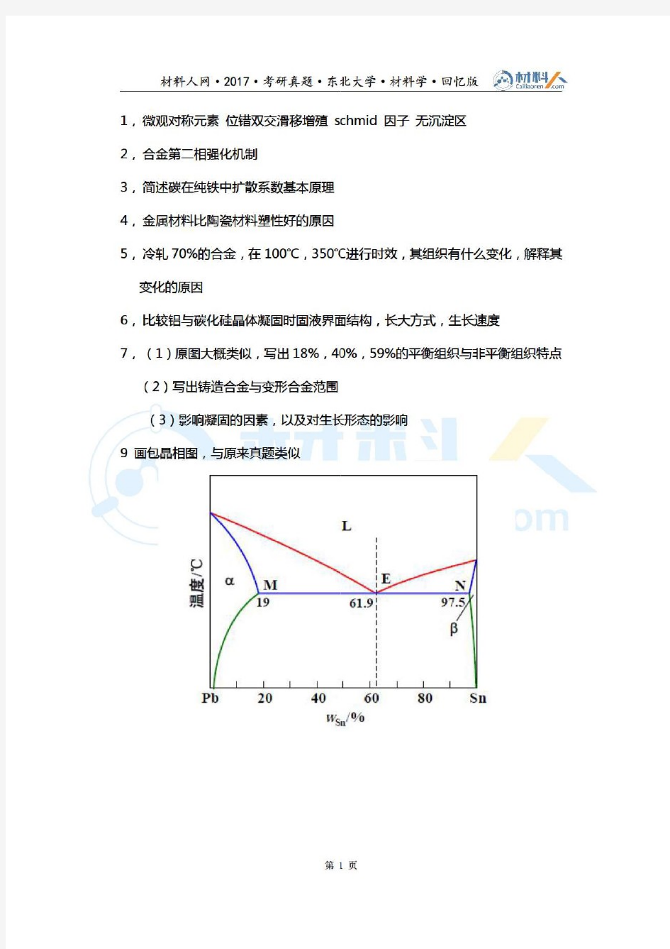 2017年东北大学材料学829材料科学基础考研真题