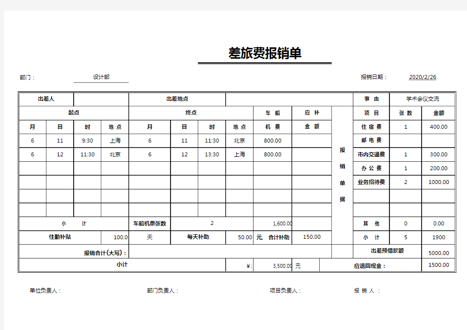 公司员工差旅费报销单Excel模板