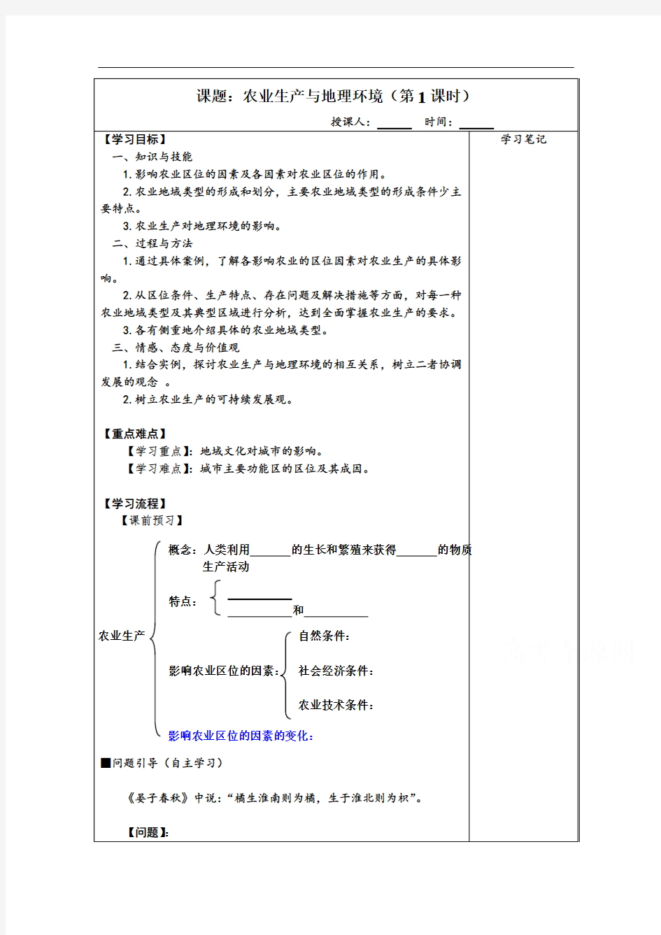 高中地理必修二 学案 3.1农业生产与地理环境1