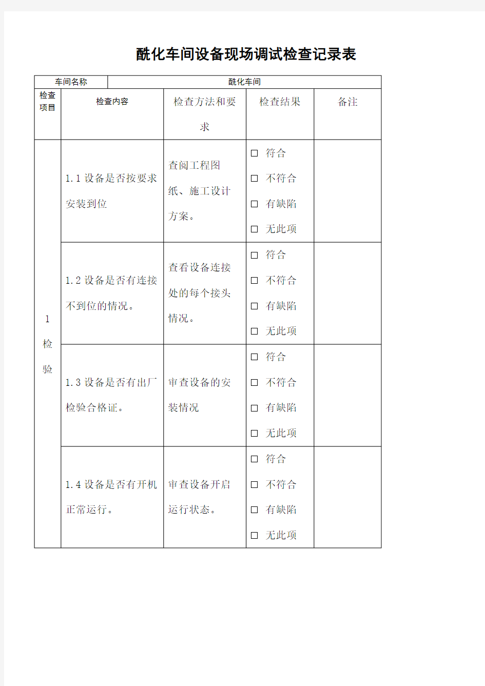 设备现场调试记录表