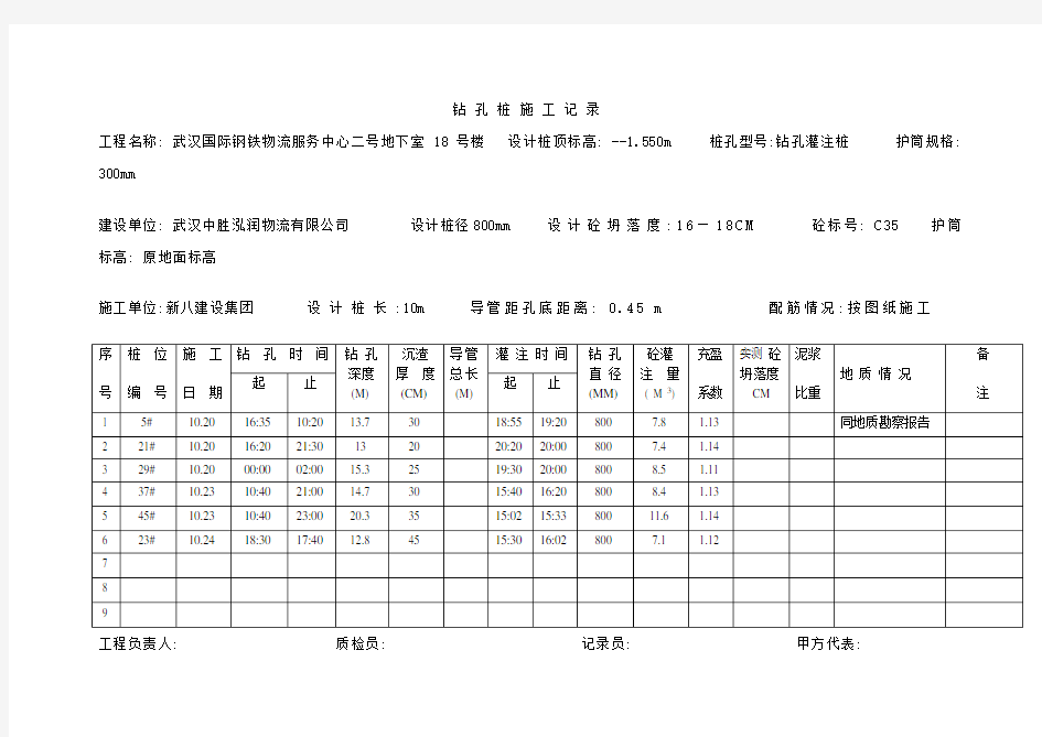 钻孔桩施工记录样本