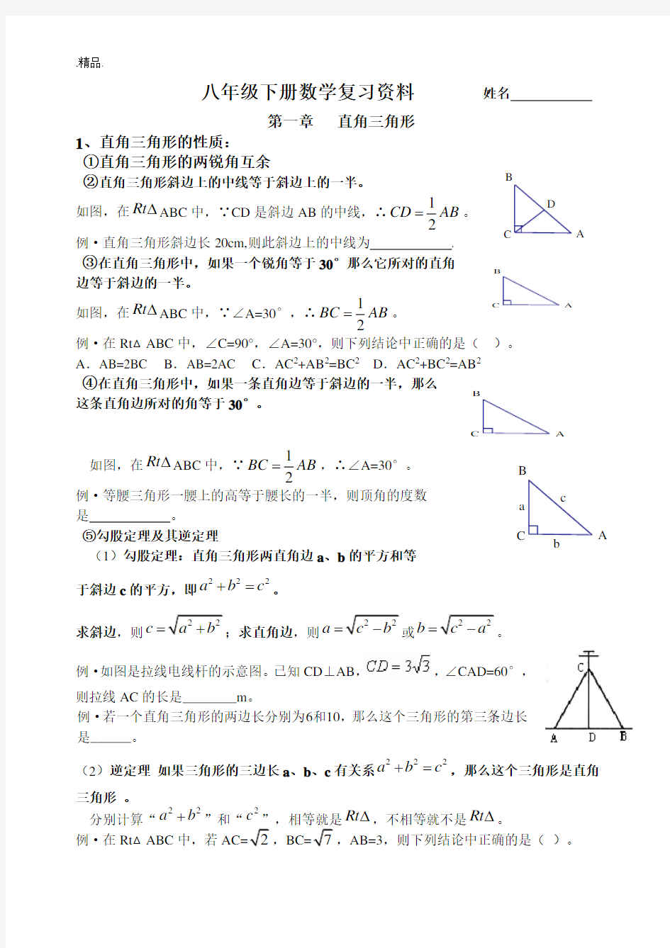 【创意版】八年级下册数学复习专题.doc