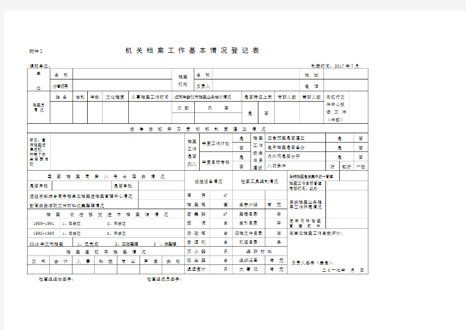 机关档案工作基本情况登记表