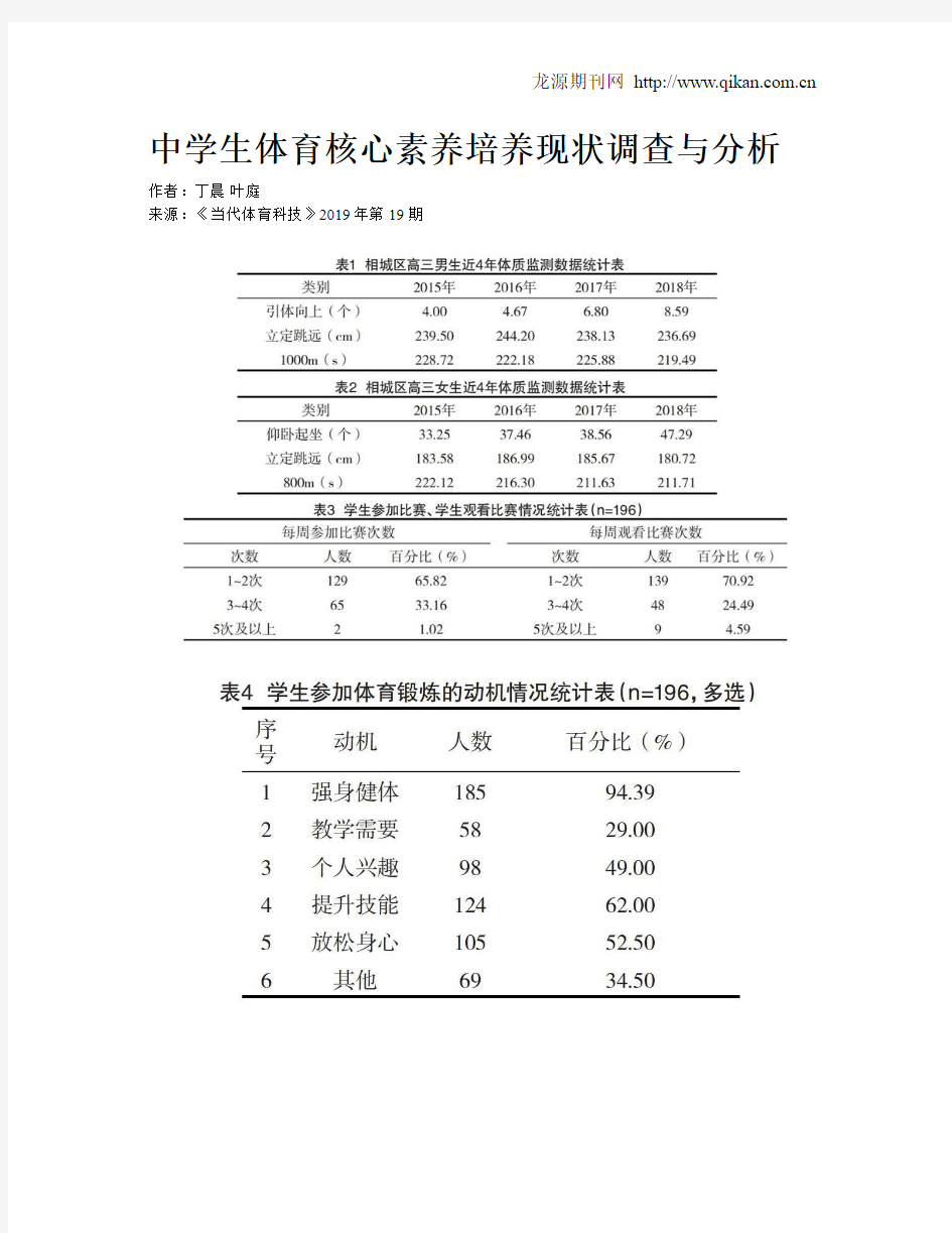 中学生体育核心素养培养现状调查与分析