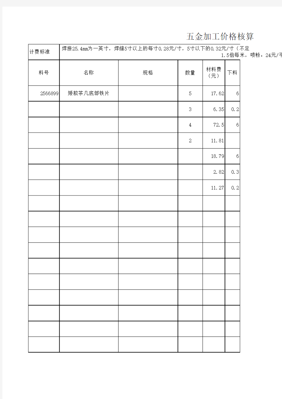 五金件加工-价格分析核算-自动计算表