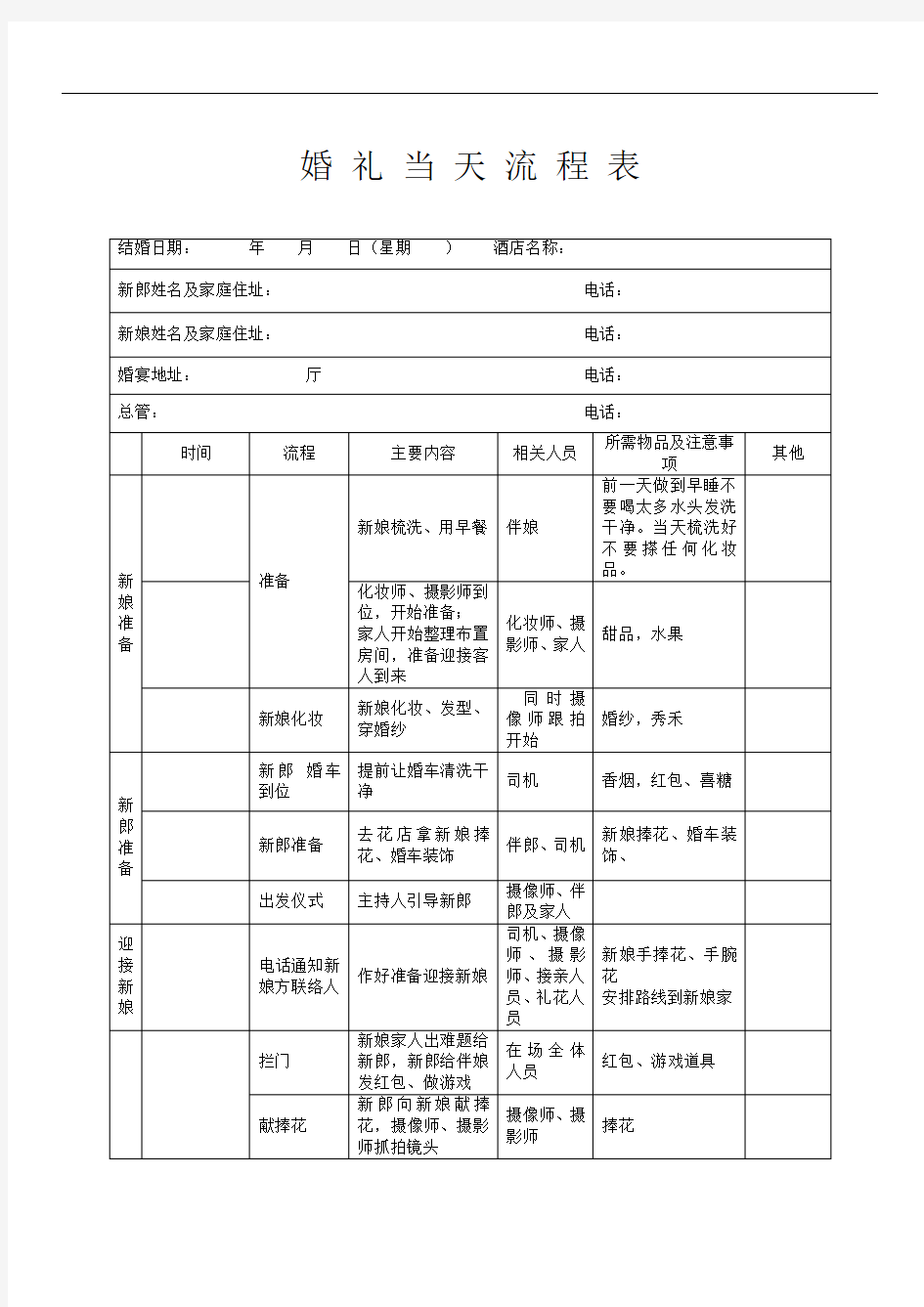 最全婚礼当天流程表(详细版)