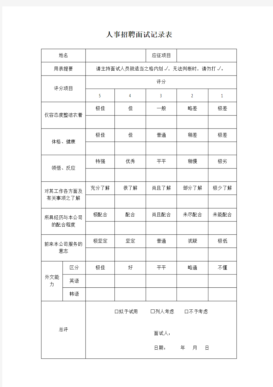 人事招聘面试记录表