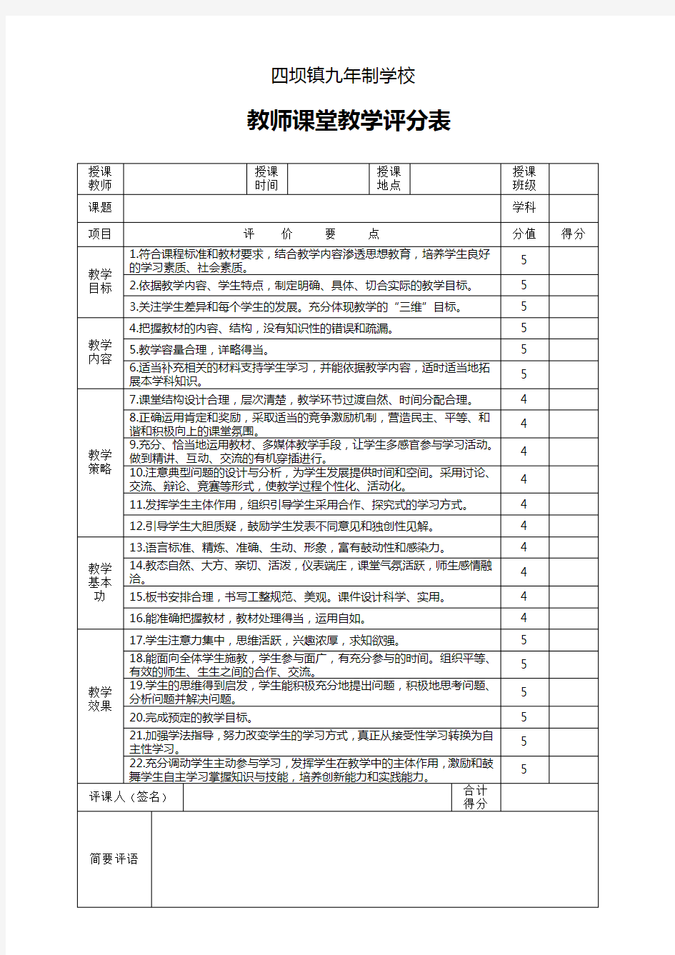 教师课堂教学评分表