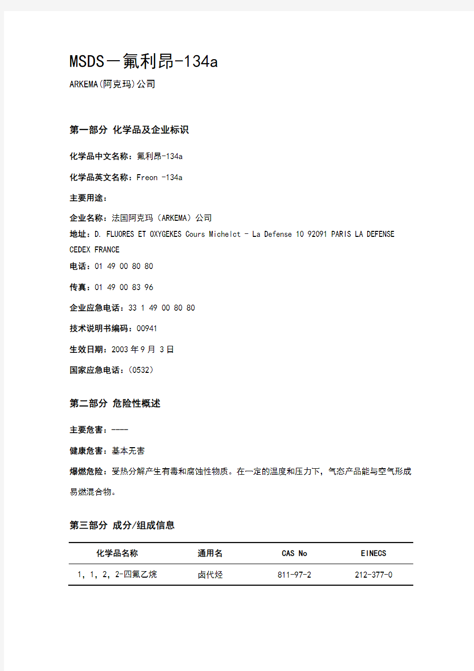 MSDS-氟利昂-R134a