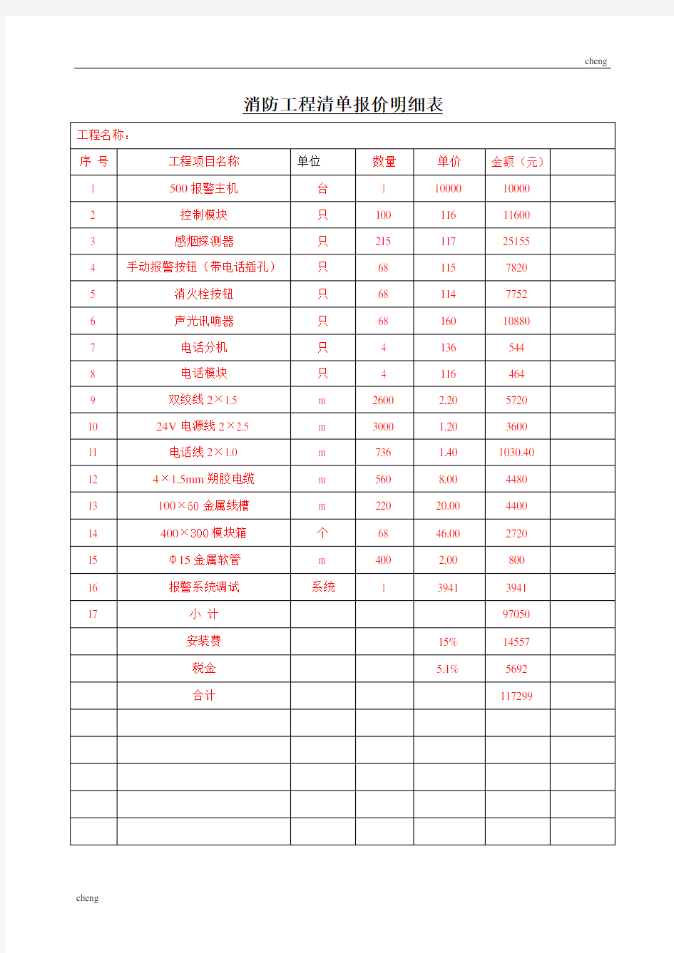 某《消防》工程清单报价明细表