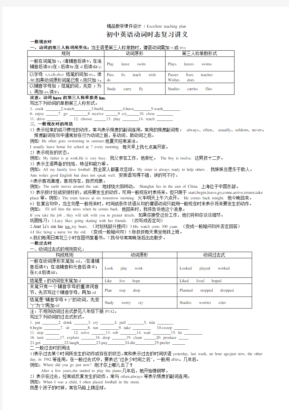 初中英语动词时态复习课件