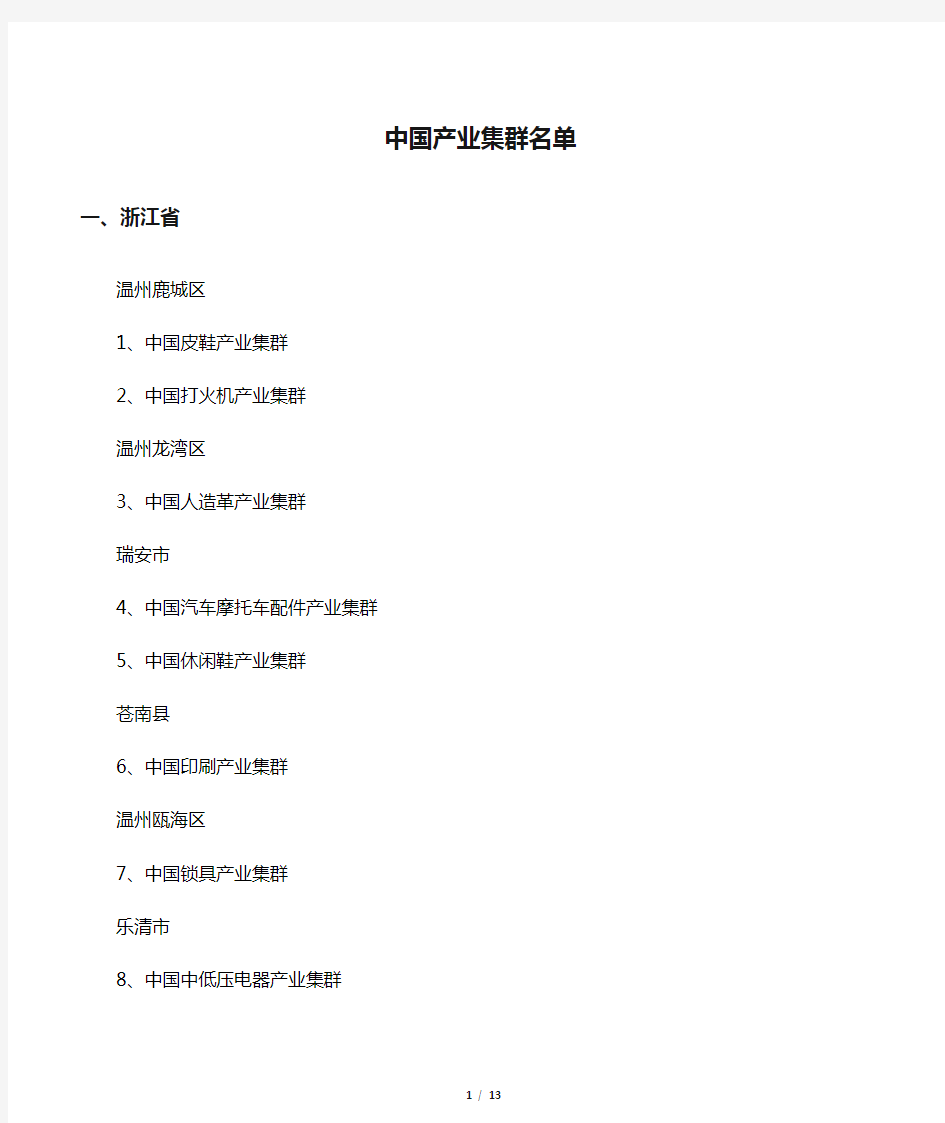 中国产业集群名单