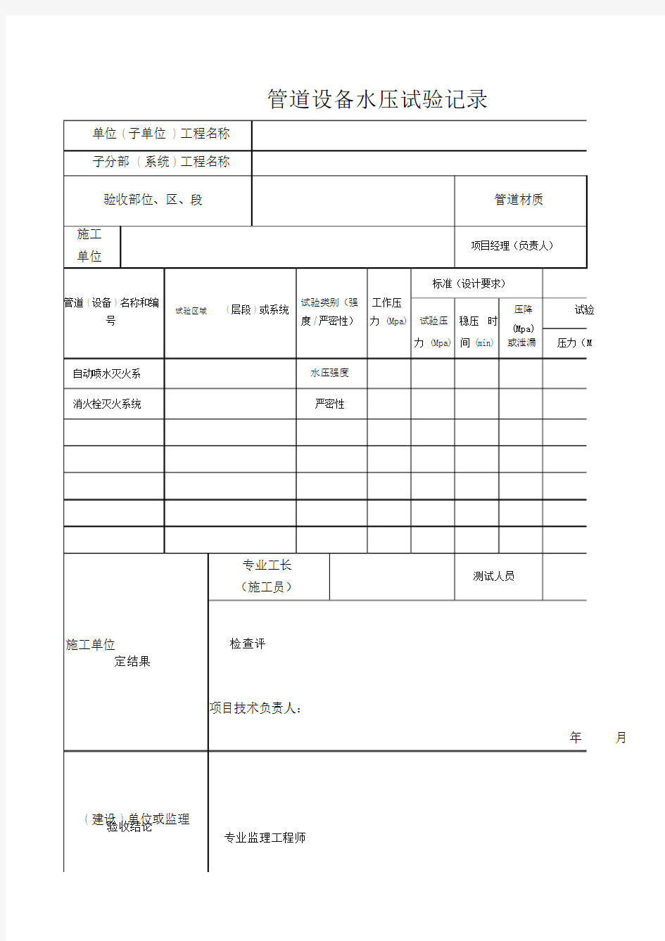 管道设备水压试验记录表格.docx