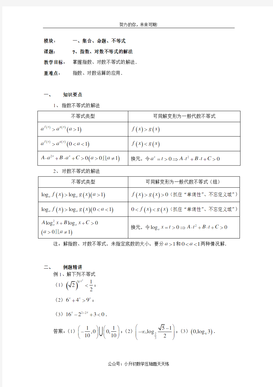 高考一轮复习教案一(7)指数、对数不等式的解法(教师)