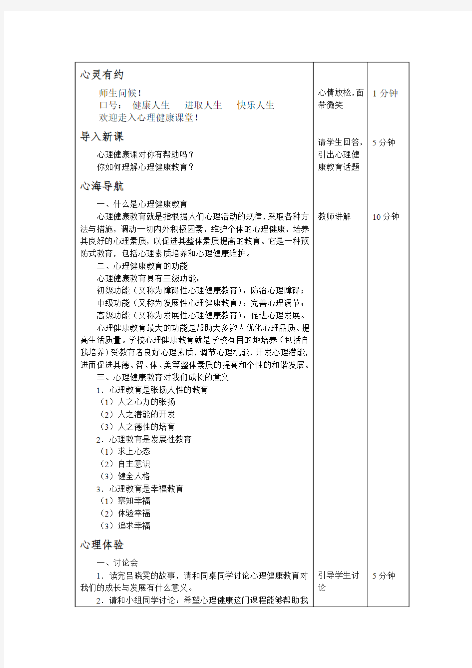 中职生高中心理健康教育第1课心理健康促成长精品表格式教案