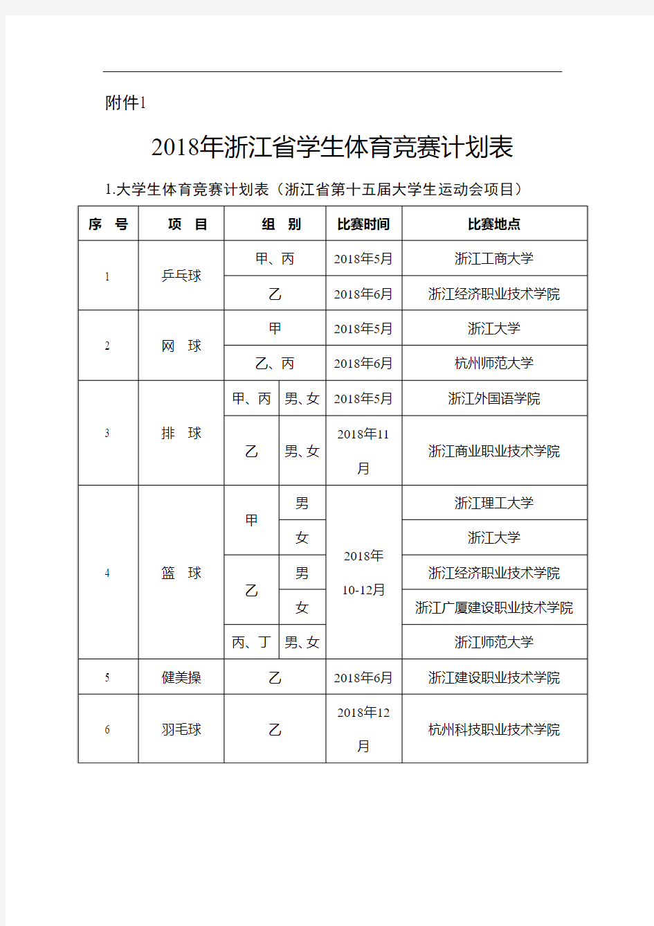 2018年浙江学生体育竞赛计划表