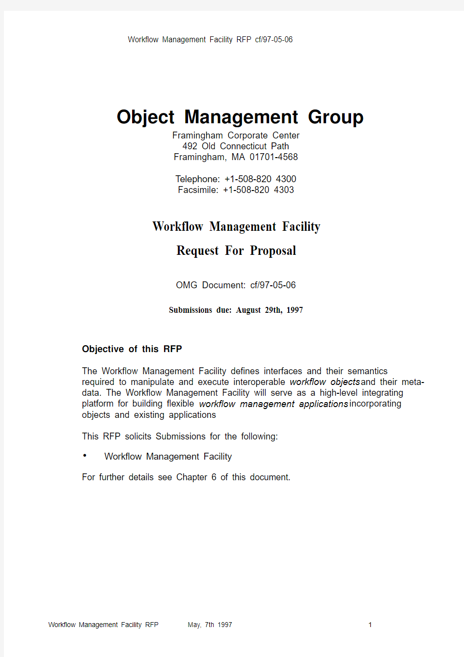 Workflow Management Facility Request For Proposal