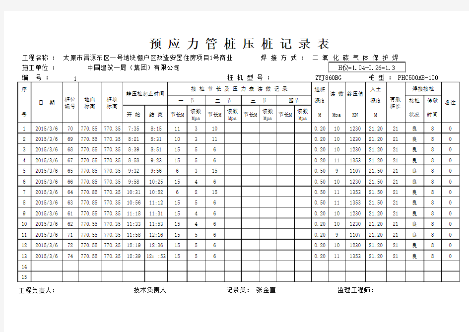 预应力管桩压桩记录表