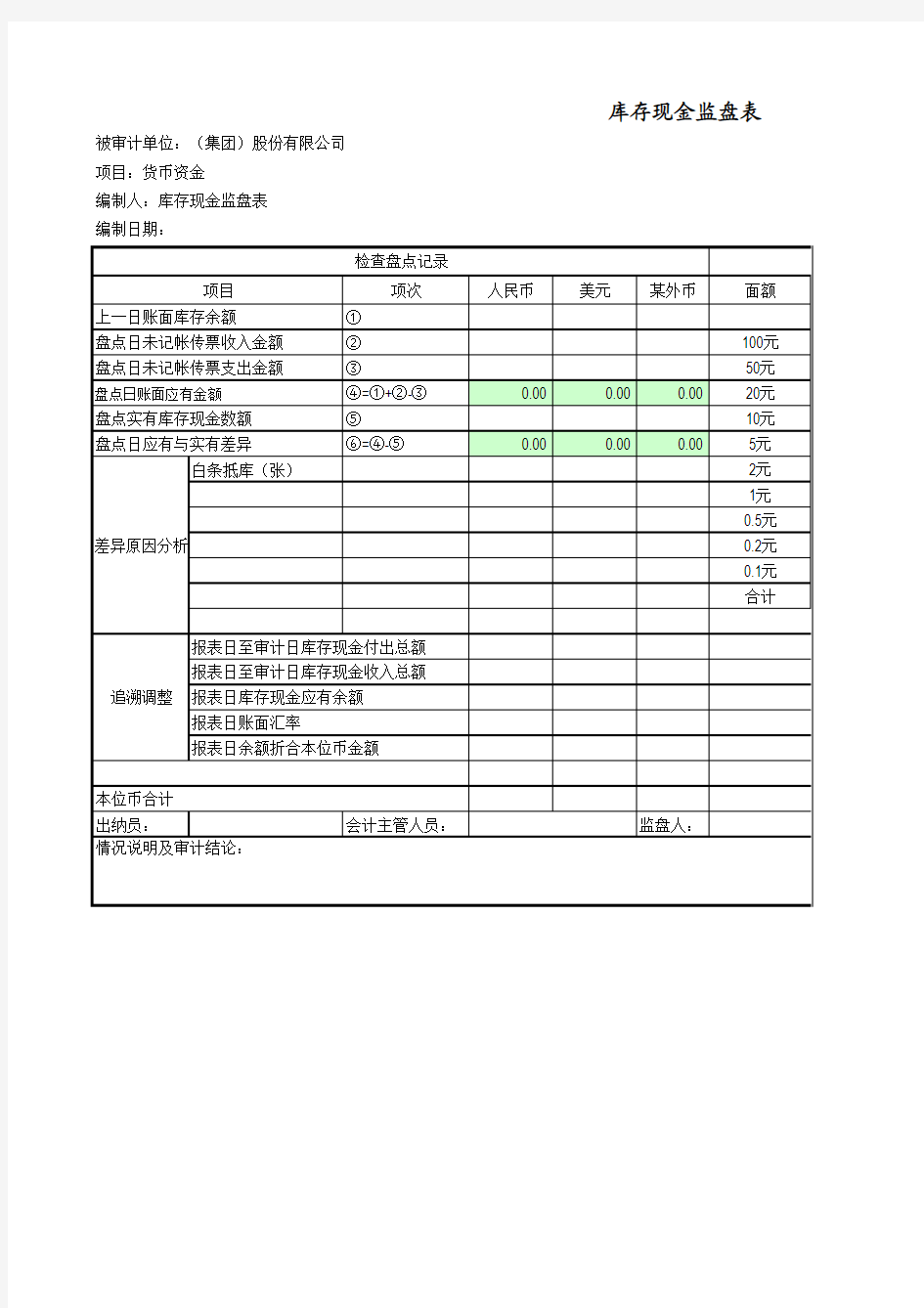 库存现金盘点表(集团公司审计用及自动计算)