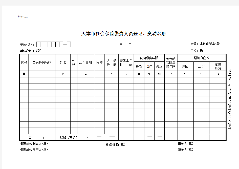 天津市社会保险缴费人员登记、变动名册(津社保登字4号表)