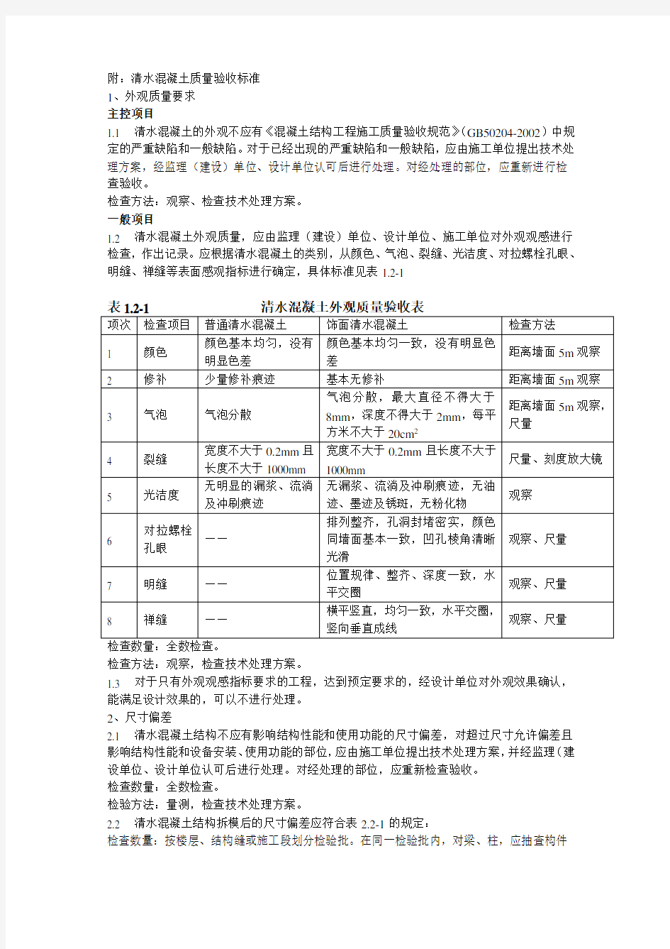 清水混凝土质量验收标准