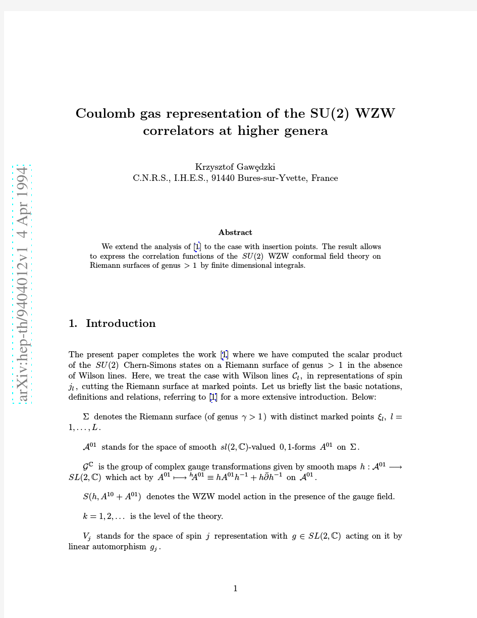 Coulomb Gas Representation of the SU(2) WZW Correlators at Higher Genera