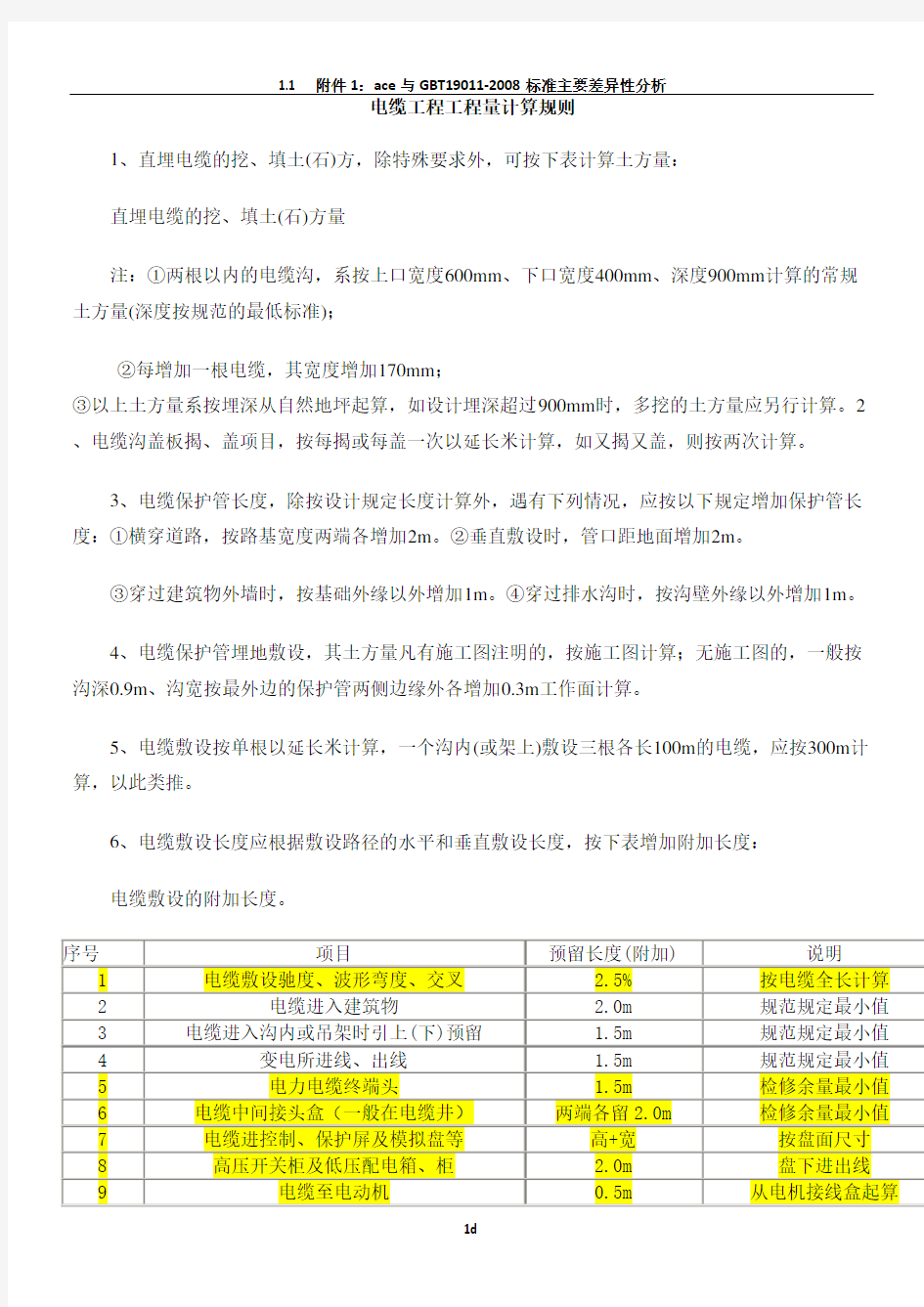 电缆工程工程量计算规则