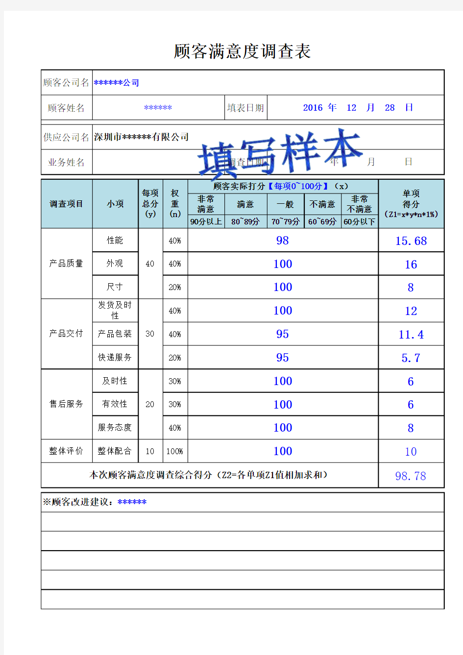 顾客满意度调查表(填写样本)