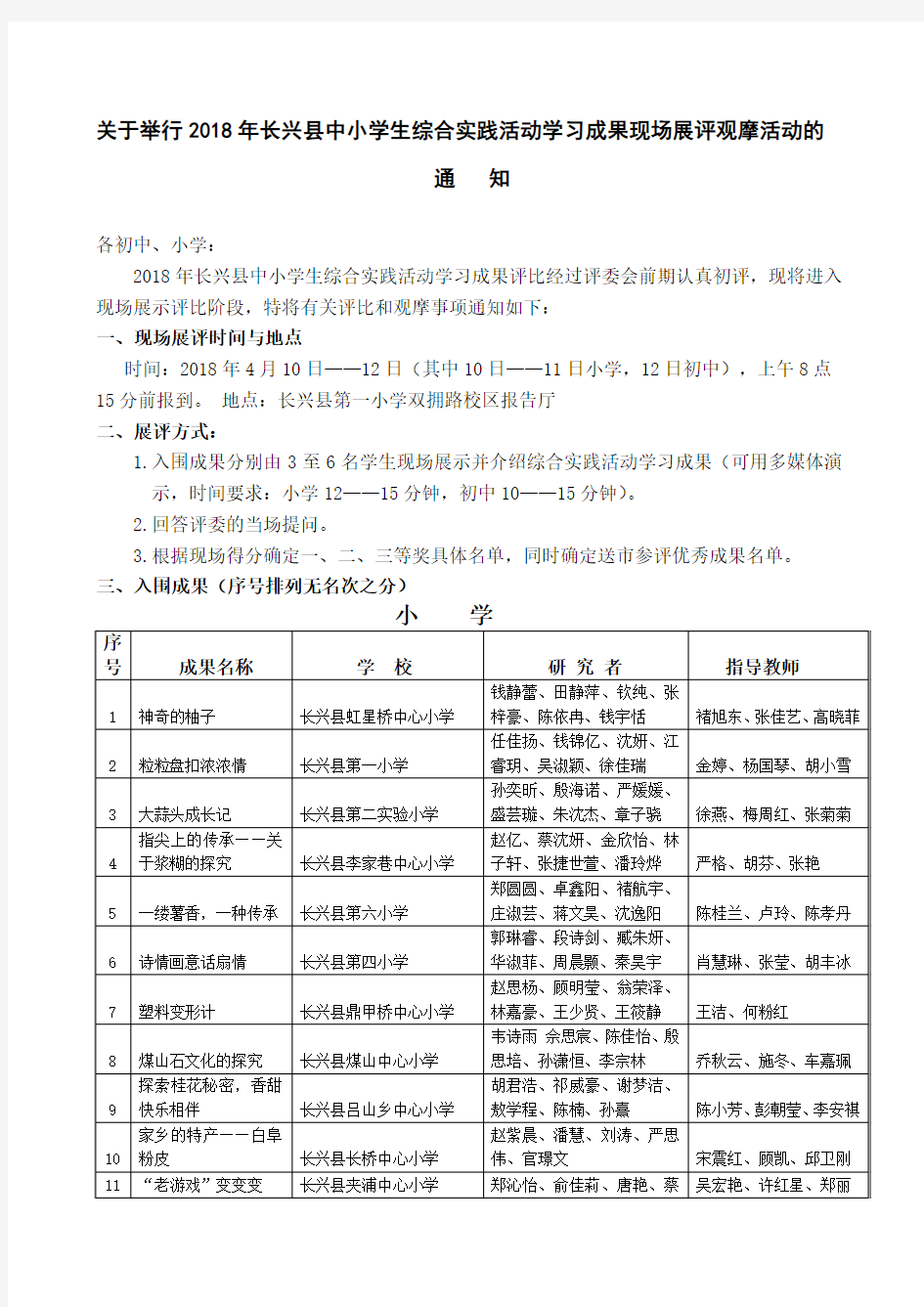 关于举行2018年长兴县中小学生综合实践活动学习成果现场展