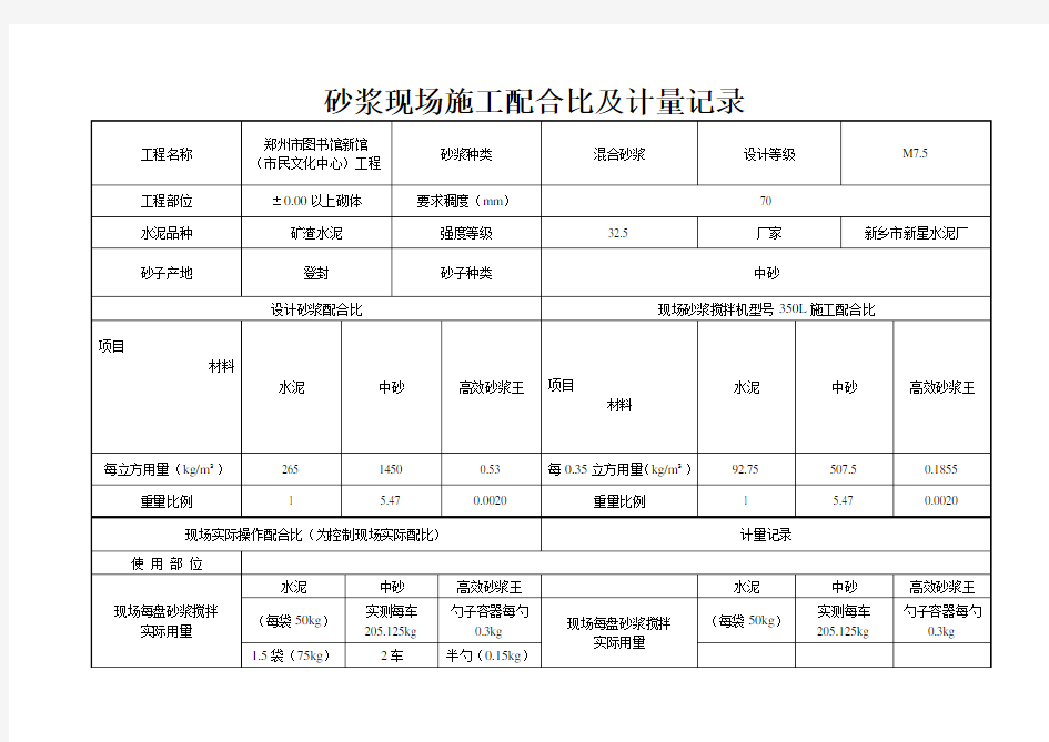 砂浆施工配合比记录表