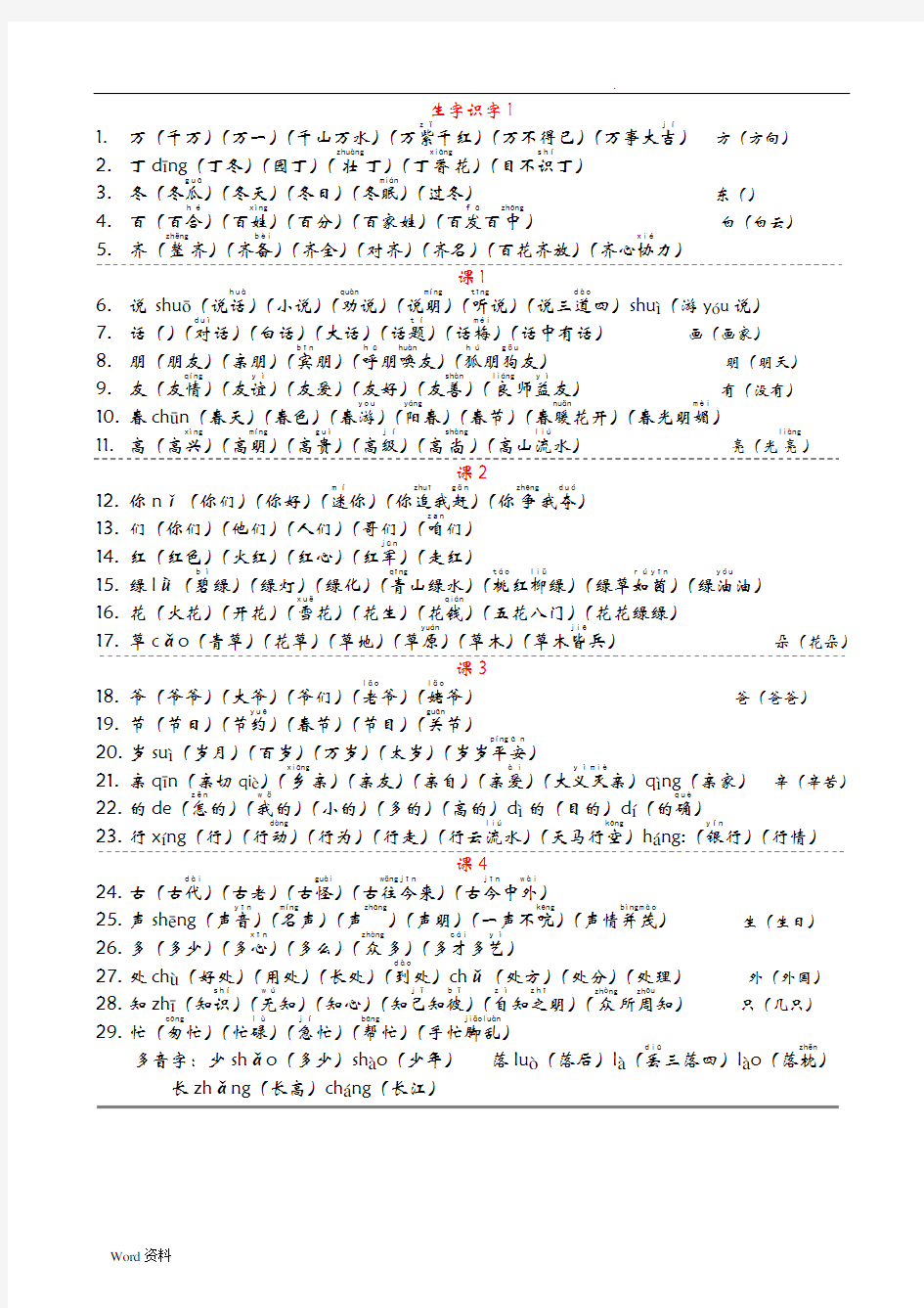 一年级语文下册生字词语带拼音