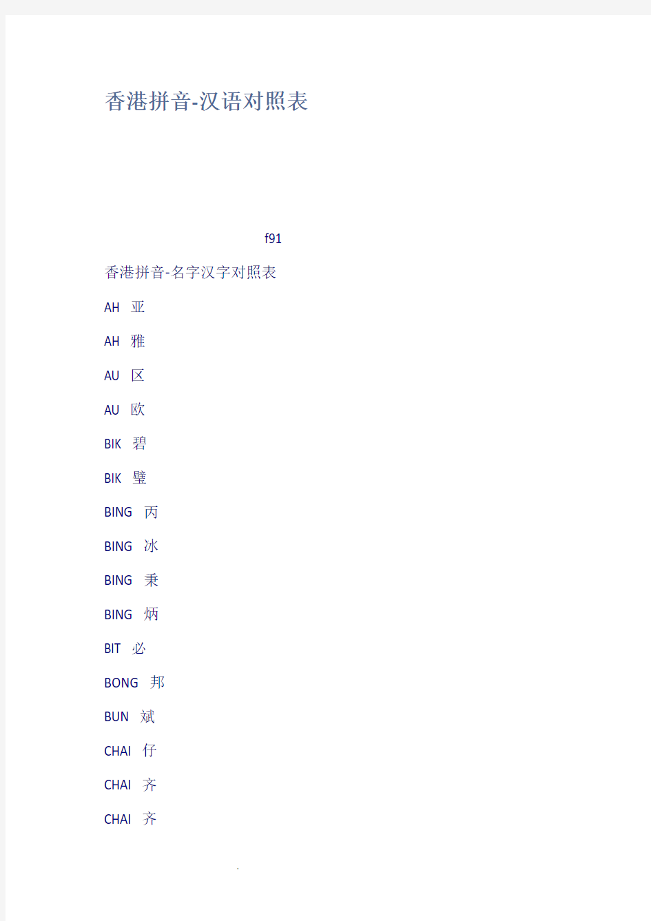 香港拼音汉语对照表