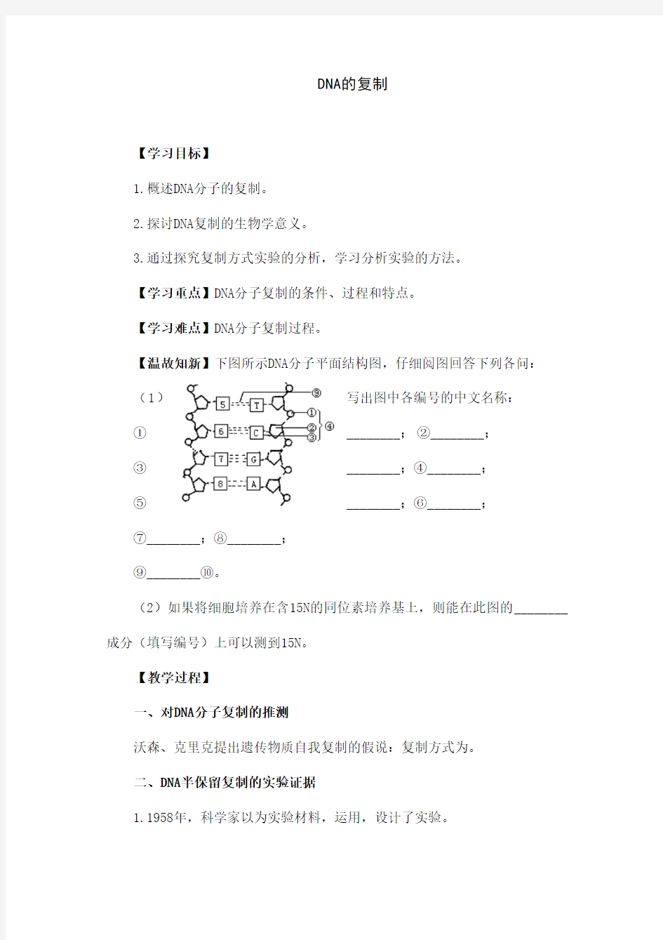 人教版高中生物必修二《DNA的复制》学案