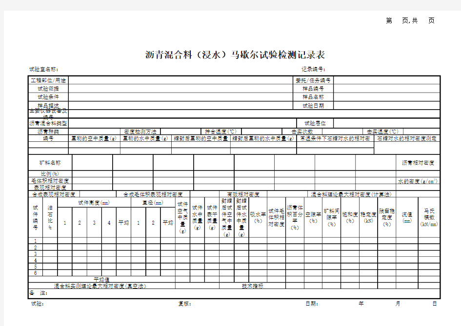 沥青混合料(浸水)马歇尔试验记录表