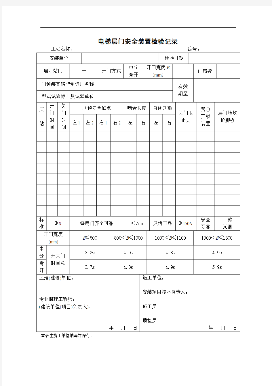 电梯层门安全装置检验记录