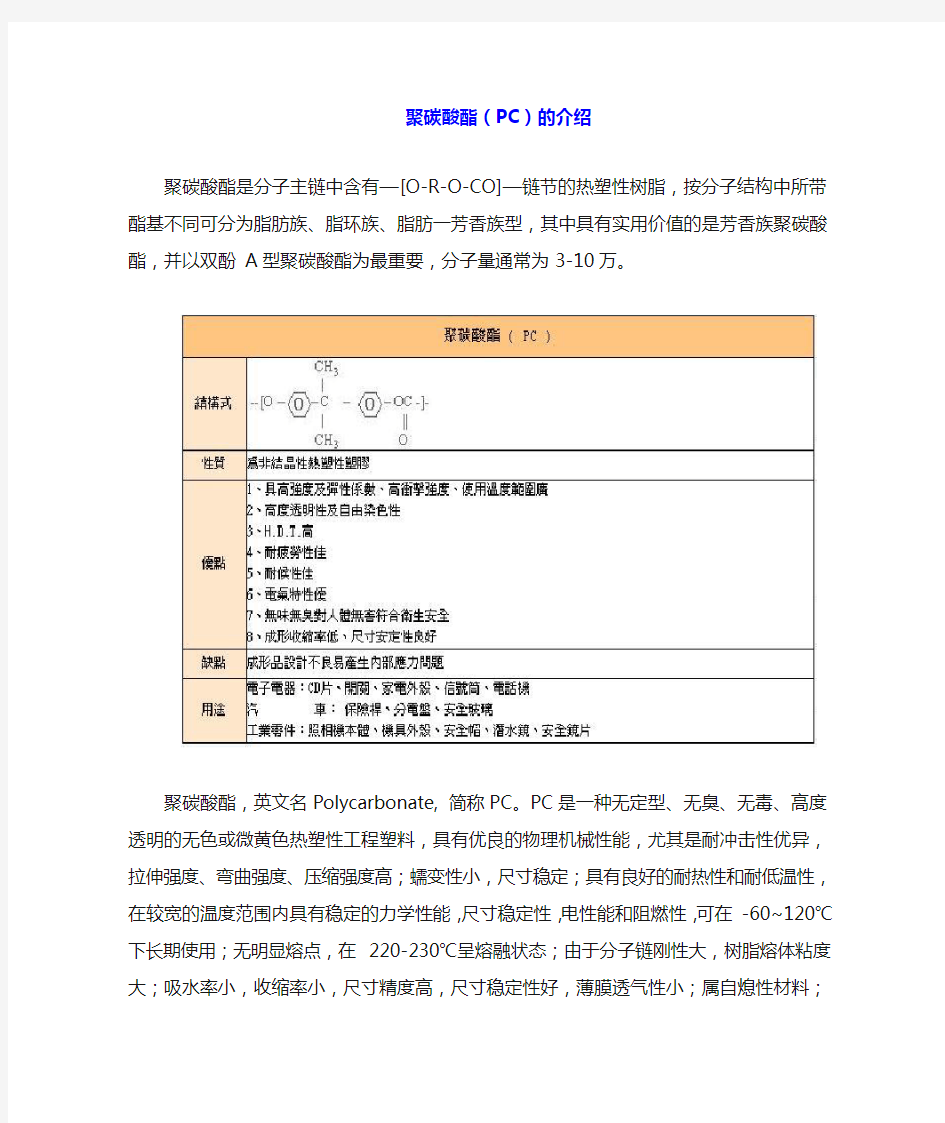 塑料材料-聚碳酸酯(PC)的基本物理化学特性及典型应用介绍(精)