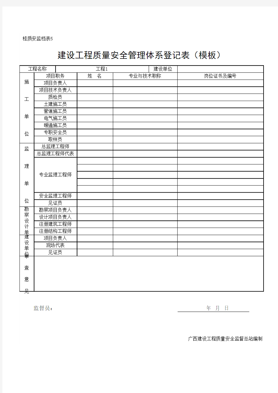 建设工程质量安全管理体系登记表(模板)