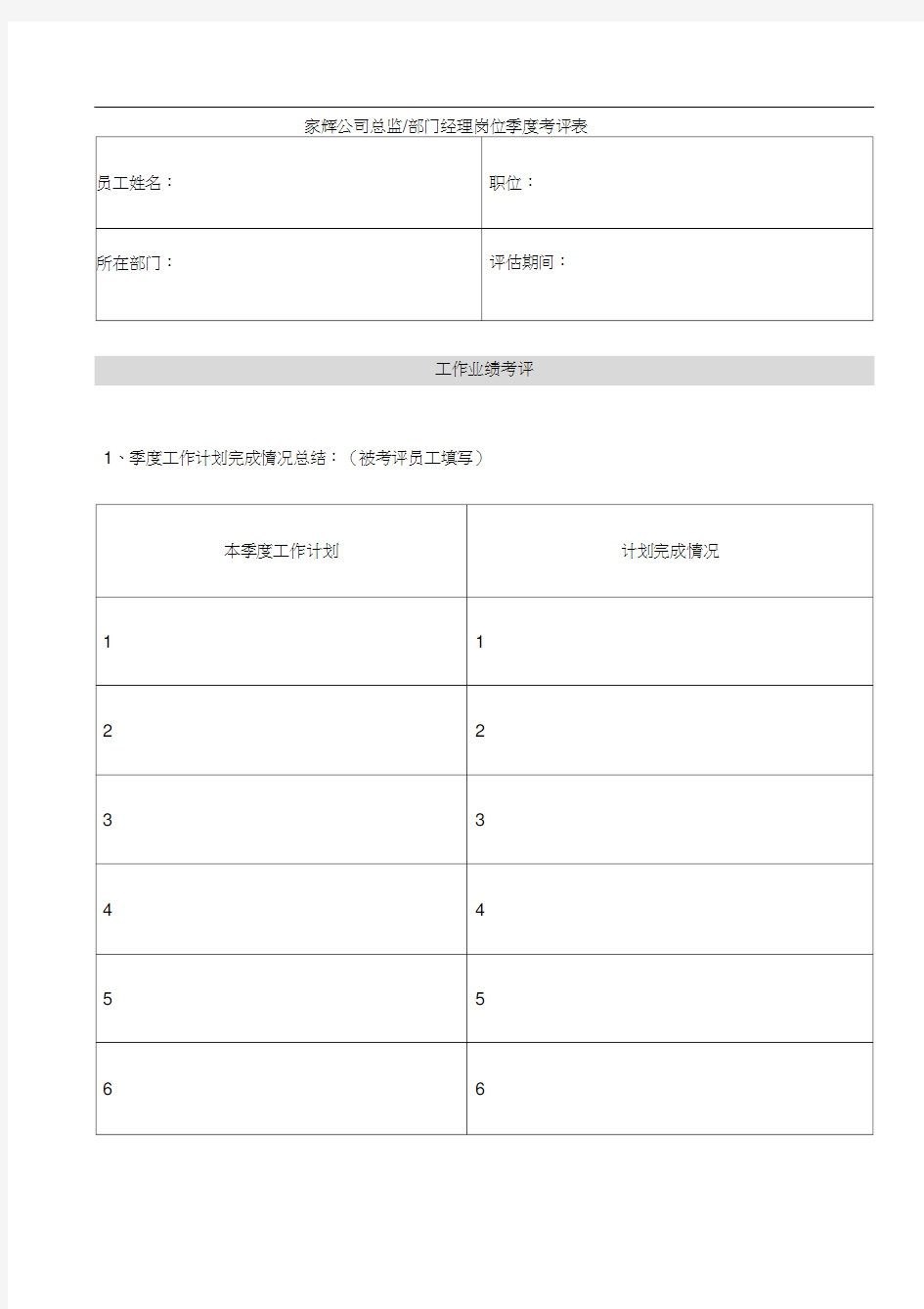 公司总监部门经理岗位季度考评表