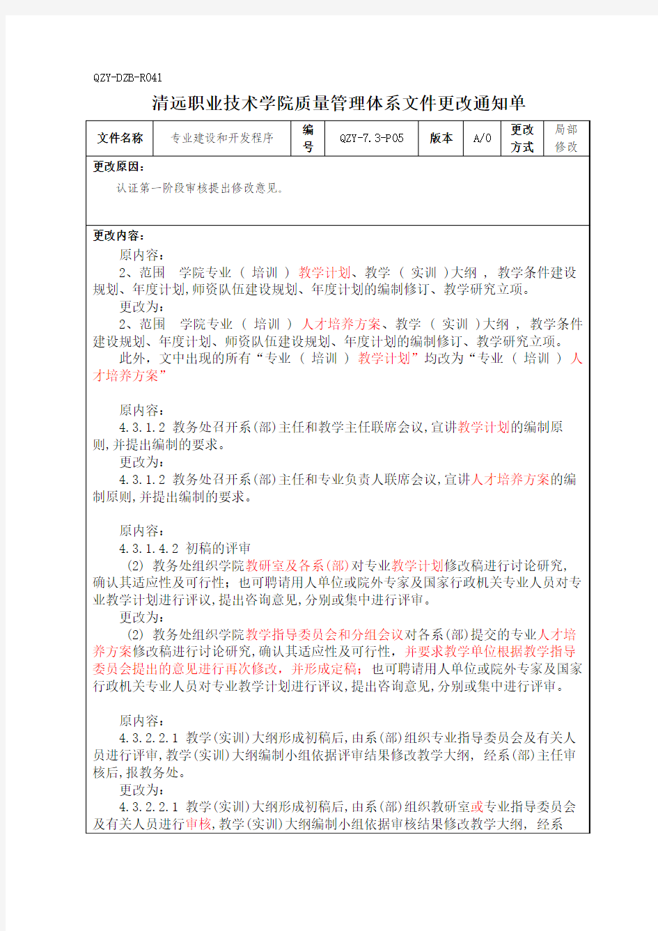 2008年4月质量手册及程序文件更改通知