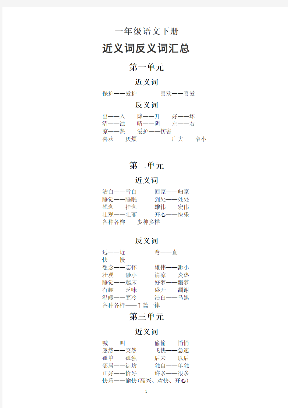 小学语文部编版一年级下册近义词反义词汇总