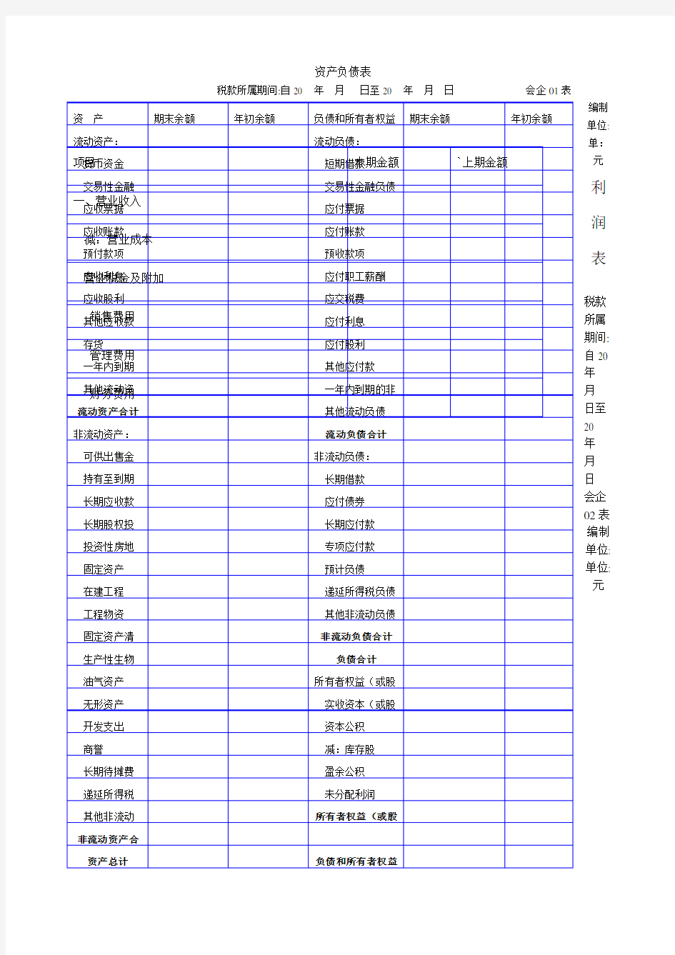 资产负债表利润表空白表格