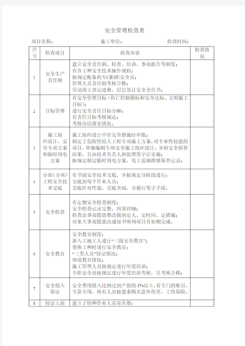 安全管理检查表