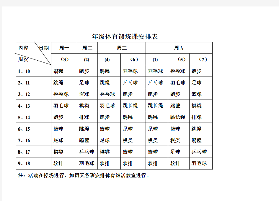 一年级体育锻炼课安排表.doc