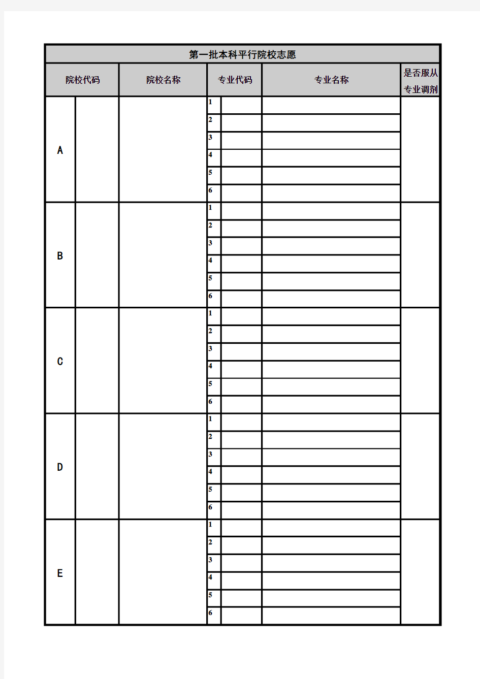 高考志愿填报样表