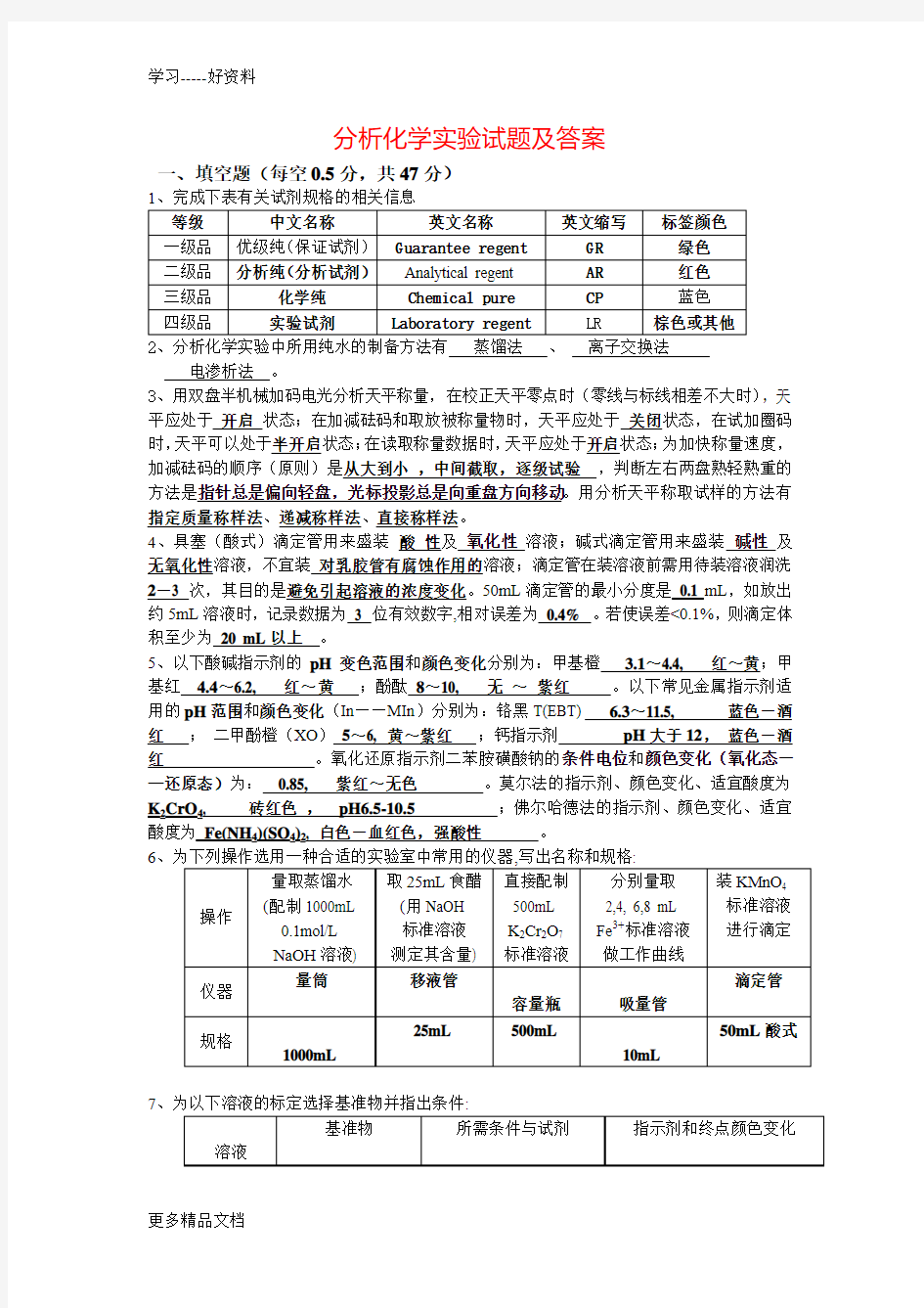 分析化学实验试题及答案=汇编