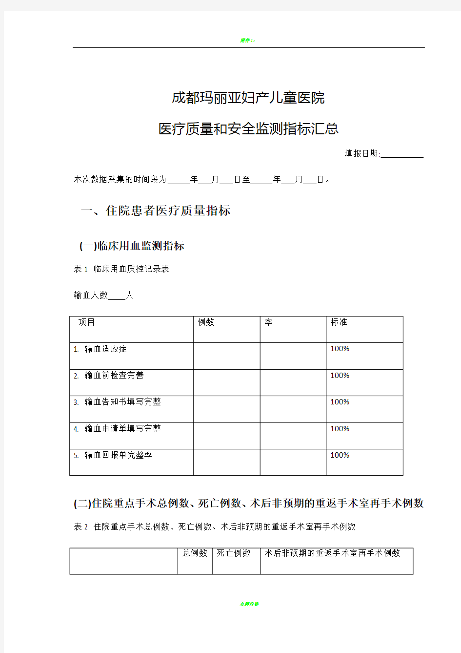 医疗质量和安全监测指标汇总表