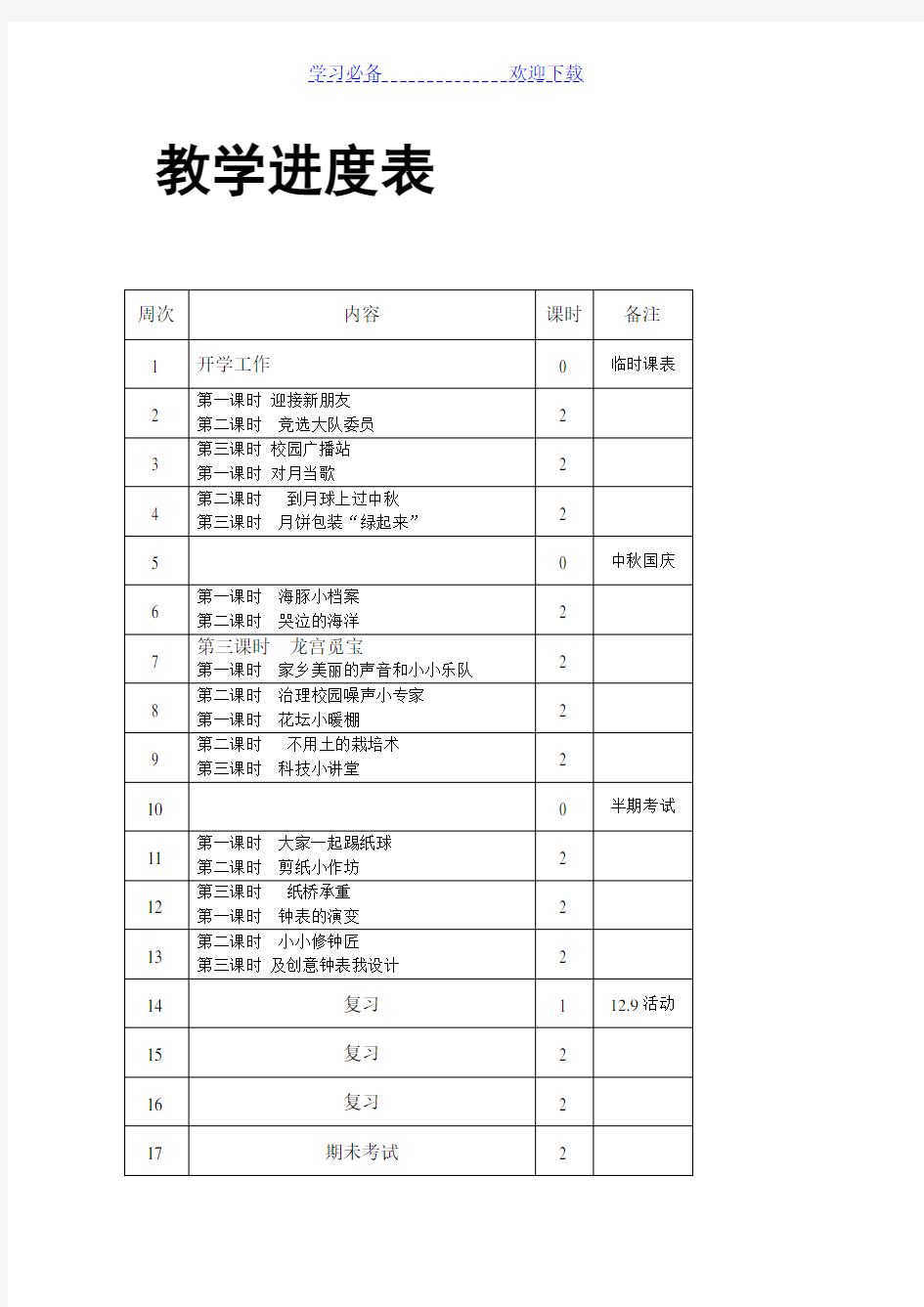 学习必备欢迎下载教学进度表周次内容课时备注1 开学工作0 临时课表2