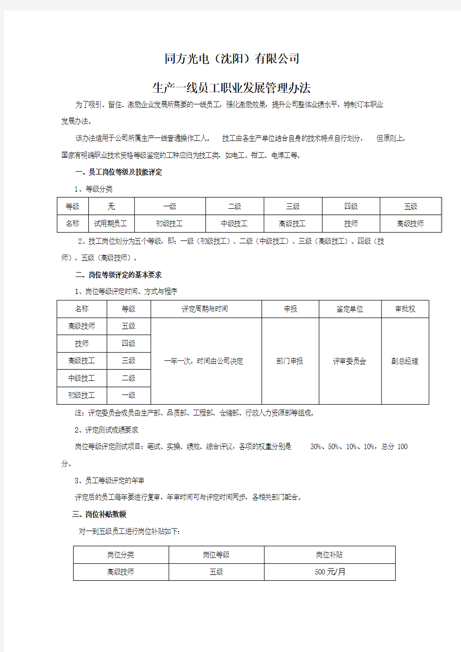 生产一线员工分级管理办法