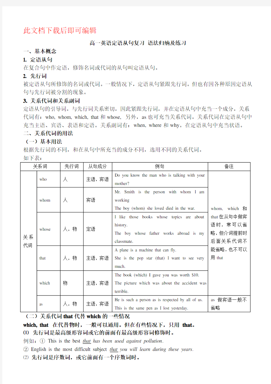 高一定语从句专项练习题—好(完整资料)